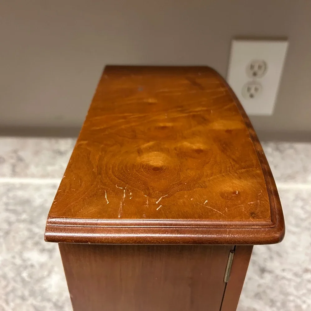 Vintage Wooden Jewelry Box Armoire Brown Vintage Etched Glass Necklace Carousel